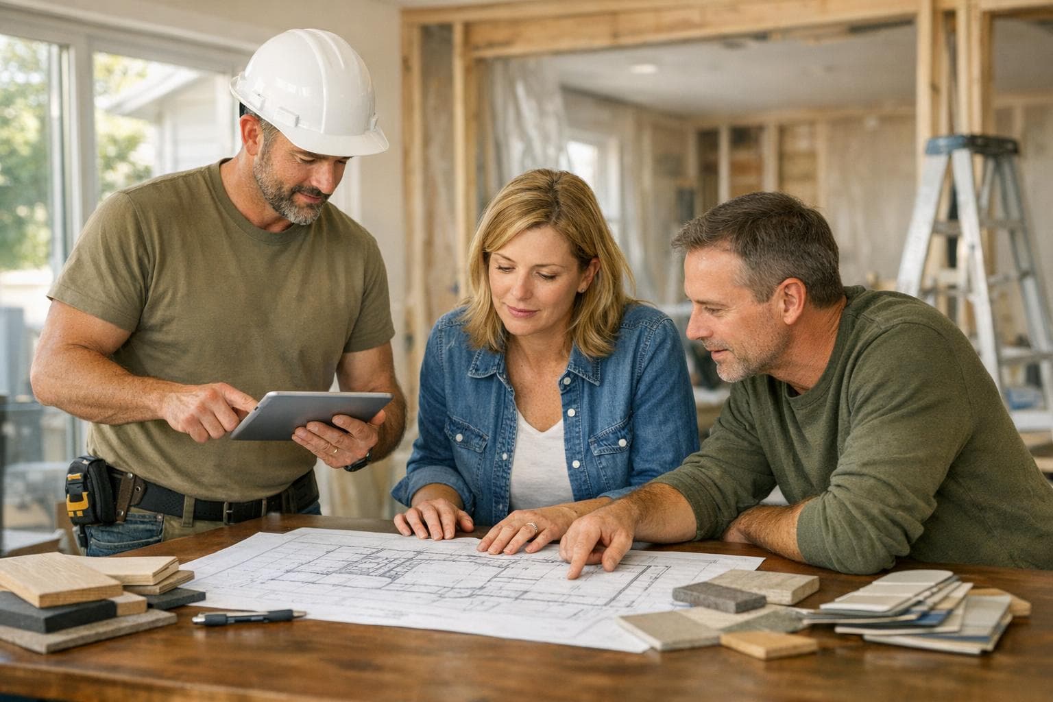 Construction planning session with drawings and project documents