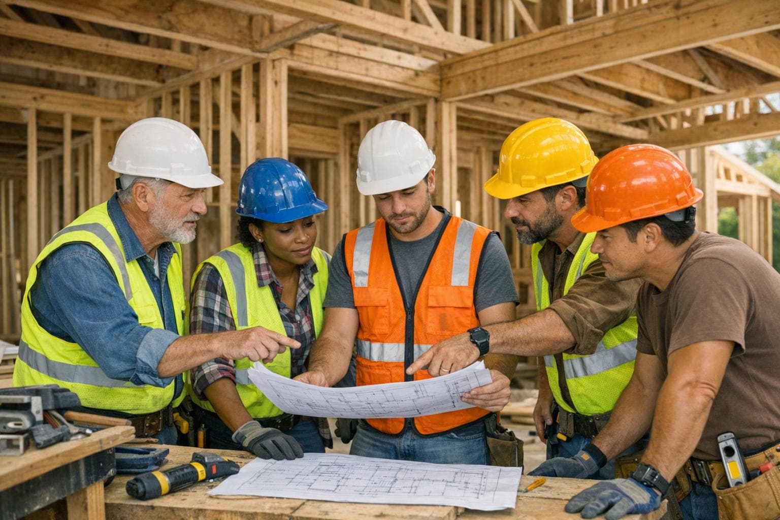 Construction team coordinating scope at an active residential jobsite